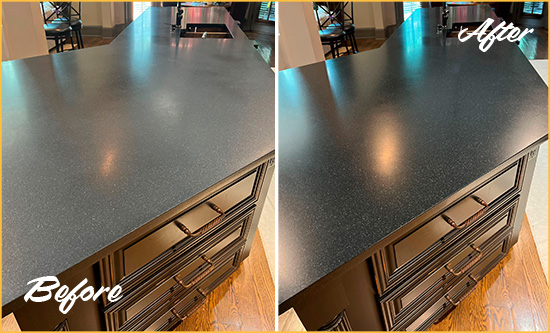 Before and After Picture of a Stone Countertop Cleaned and Enhanced to Eliminate Dullness