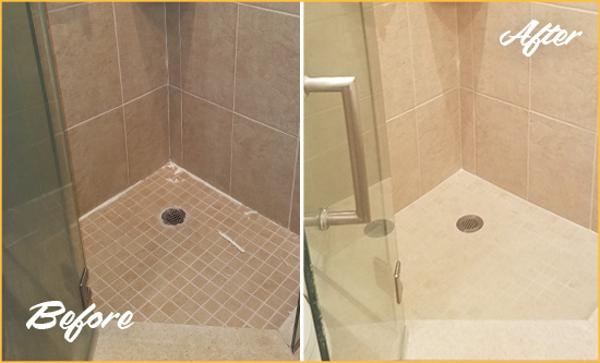 Before and After Picture of a Grout Recaulking on a Porcelain Tile Shower