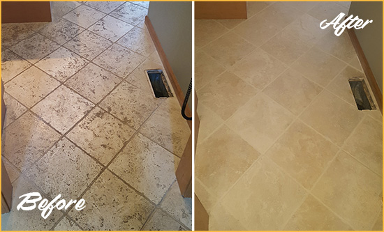 Before and After Picture of a Grout Cleaning on Kitchen Marble Floor