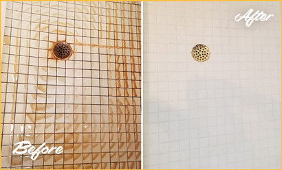White Tile Shower With Heavy Rust Stains Before and Looking New After Sir Grout's Cleaning Service