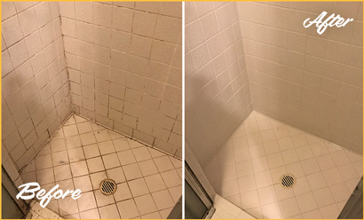  Before and After Picture of a Grimy Shower Cleaned and Sealed to Remove Dirt