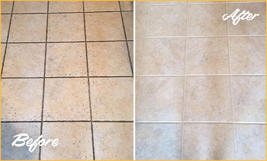 Before and After Picture of a Tile Floor Grout Cleaning