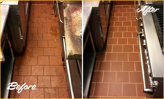 Before and After Picture of a Glenwillard Restaurant Kitchen Tile and Grout Cleaned to Eliminate Dirt and Grease Build-Up