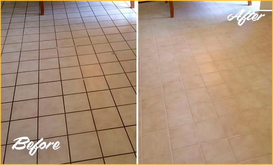 Before and After Picture of a Crescent Kitchen Tile and Grout Cleaned to Remove Embedded Dirt