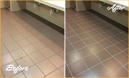 Before and After Picture of a Strabane Restrooms Tile and Grout Cleaned to Remove Embedded Dirt