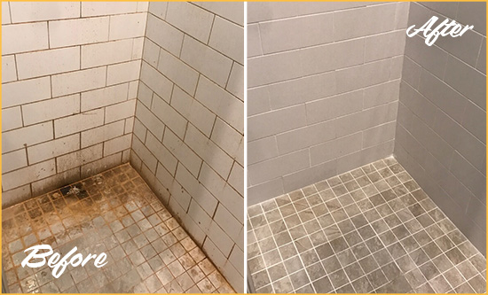 Before and After Picture of a Delmont Shower Tile and Grout Cleaned to Eliminate Mold and Stains