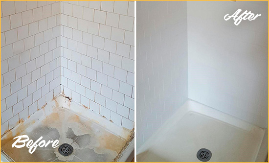 Before and After Picture of a Pittsburgh Shower Tile and Grout Cleaned to Remove Soap Scum