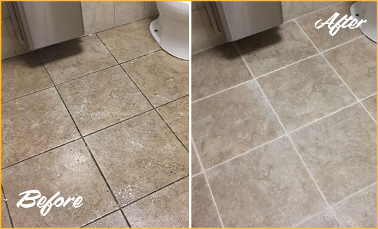 Before and After Picture of a Export Restroom Tile and Grout Cleaned to Remove Soil