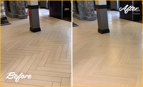 Before and After Picture of a Upper Saint Clair Office Floor Tile and Grout Cleaned to Remove Stains