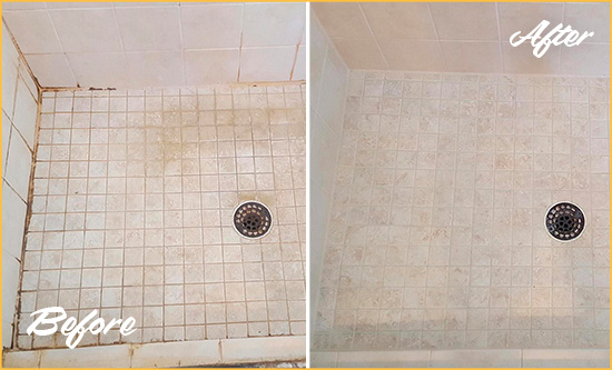 Before and After Picture of a Brighton Heights Shower Caulked to Fix Cracks