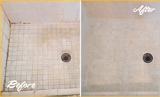 Before and After Picture of a Carnegie Shower Caulked to Fix Cracks