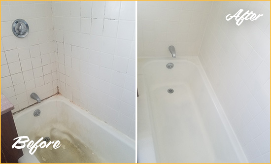 Before and After Picture of a Wildwood Bathtub Caulked to Repair Cracks