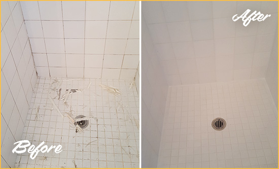 Before and After Picture of a Monroeville Bathroom Re-Caulked To Repair Damaged Caulking