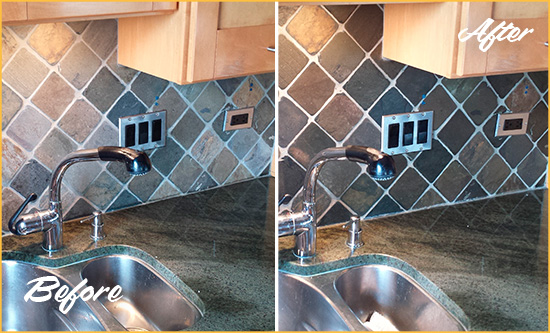 Before and After Picture of a Squirrel Hill Backsplash Caulked to Fix and Prevent Water Leaks
