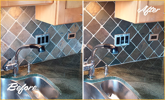 Before and After Picture of a Kilbuck Backsplash Caulked to Fix and Prevent Water Leaks