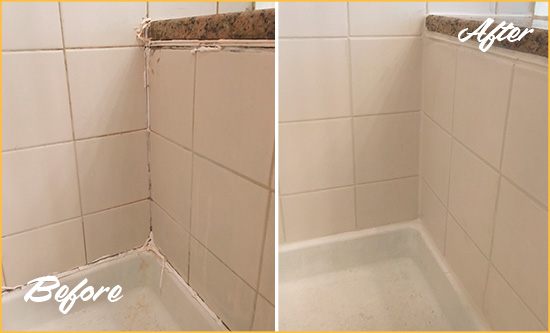 Before and After Picture of a Kilbuck Shower Caulked to Repair Damaged Caulking