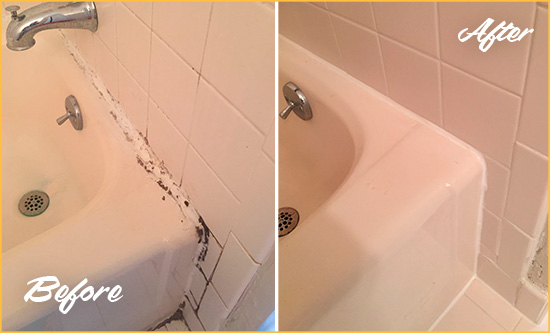 Before and After Picture of a Oakmont Bathroom Sink Caulked to Fix a DIY Proyect Gone Wrong