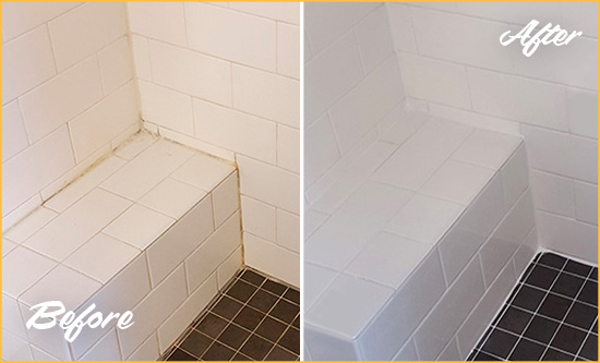 Before and After Picture of a Kilbuck Shower Seat Caulked to Protect Against Mold and Mildew Growth