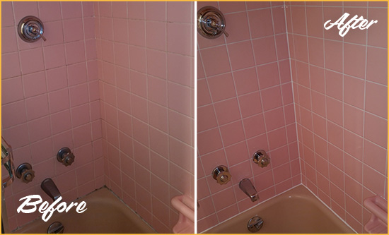 Before and After Picture of a Rillton Bathtub Caulked to Eliminate Mold