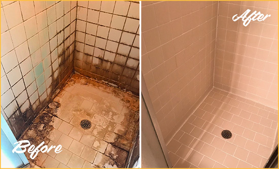 Before and After Picture of a Carnegie Shower Caulked to Fix and Prevent Water Damage