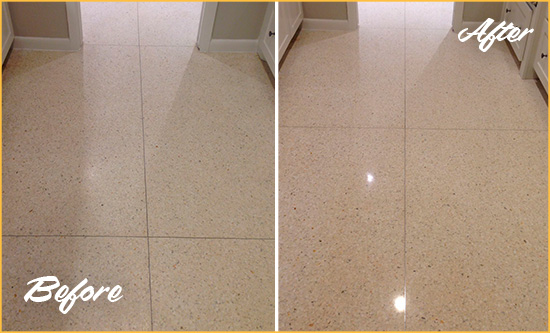 Before and After Picture of a Bairdford Granite Stone Floor Polished to Repair Dullness
