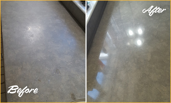 Before and After Picture of a Dull West View Limestone Countertop Polished to Recover Its Color