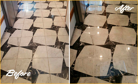 Before and After Picture of a Dull Emsworth Marble Stone Floor Polished To Recover Its Luster