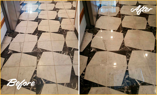 Before and After Picture of a Dull Rural Ridge Marble Stone Floor Polished To Recover Its Luster