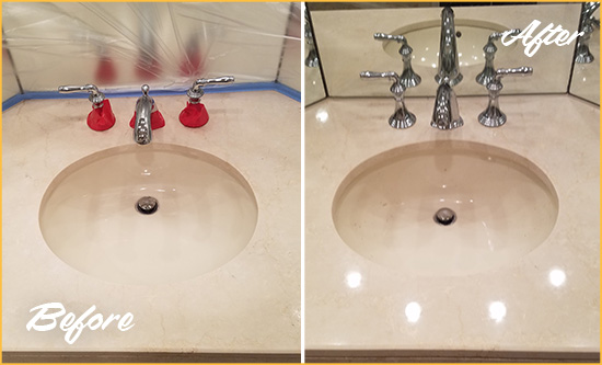 Before and After Picture of a Dull Aspinwall Marble Stone Vanity Top Polished to Bring-Back Its Sheen