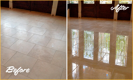 Before and After Picture of a Dull Plum Travertine Stone Floor Polished to Recover Its Gloss