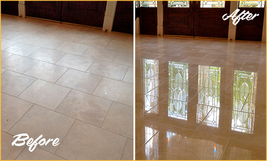 Before and After Picture of a Dull Russellton Travertine Stone Floor Polished to Recover Its Gloss