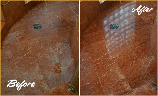 Before and After Picture of a Sharpsburg Marble Stone Shower Polished to Eliminate Mineral Deposits