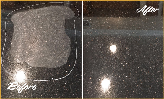 Before and After Picture of a Plum Granite Stone Countertop Polished to Remove Scratches