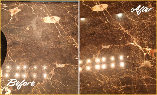 Before and After Picture of a Aspinwall Marble Stone Countertop Polished to Eliminate Stains