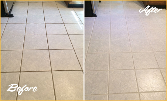 Before and After Picture of a Squirrel Hill Kitchen Ceramic Floor Sealed to Protect From Dirt and Spills