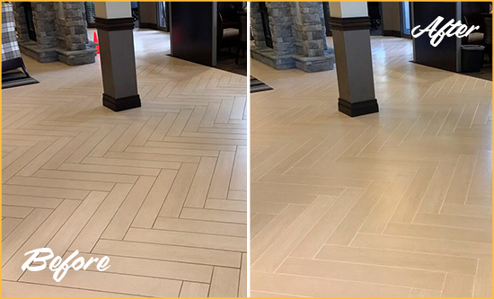 Before and After Picture of a Dirty Presto Ceramic Office Lobby Sealed For Extra Protection Against Heavy Foot Traffic
