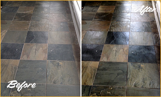 Before and After Picture of a Dull Tarentum Slate Floor Sealed to Bring Back Its Colors