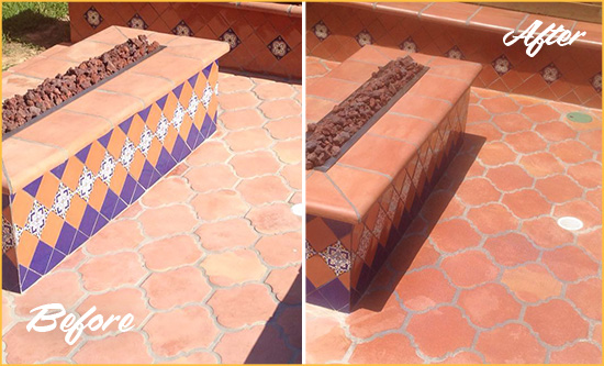 Before and After Picture of a Dull Cedarhurst Terracotta Patio Floor Sealed For UV Protection
