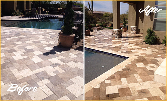 Before and After Picture of a Faded Allegheny Travertine Pool Deck Sealed For Extra Protection