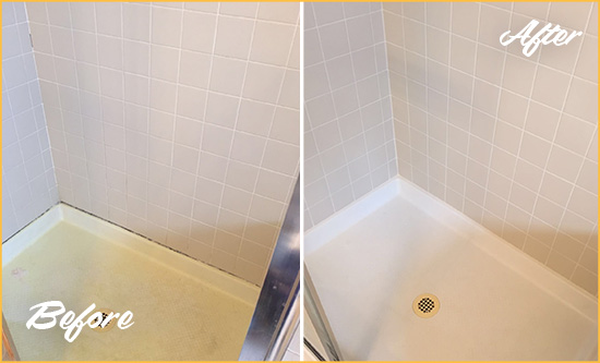 Before and After Picture of a Avalon Shower Sealed to Remove and Protect Against Mold