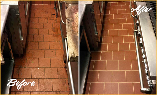 Before and After Picture of a Bairdford Restaurant Kitchen Floor Sealed to Remove Soil