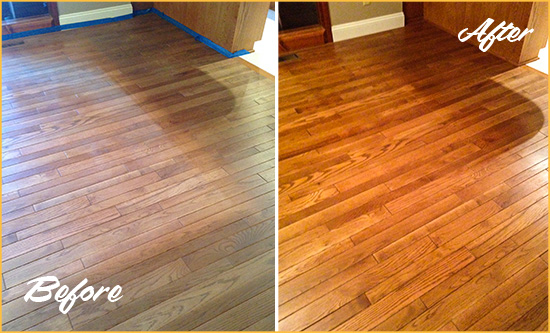 Before and After Picture of a Montour Wood Deep Cleaning Service on a Dull Floor to Recover Its Sheen