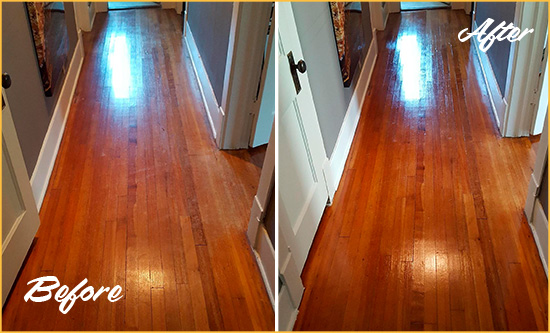 Before and After Picture of a Saxonburg Wood Deep Cleaning Service on a Floor to Eliminate Scratches