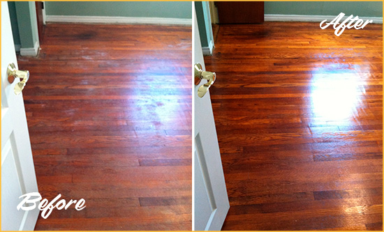 Before and After Picture of a McKnight Wood Deep Cleaning Service on a Dull Floor to Remove Stains