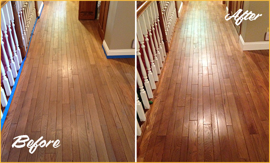 Before and After Picture of a Monroeville Wood Deep Cleaning Service on a Worn Out Floor