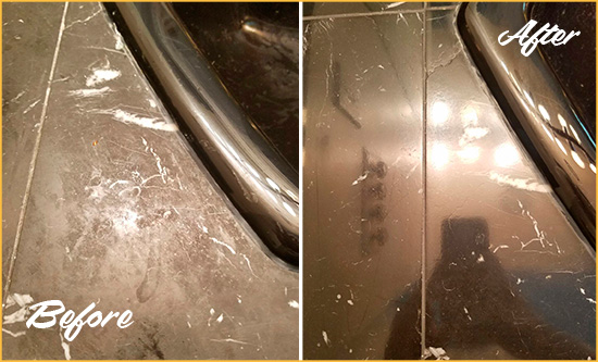 Before and After Picture of a Oakmont Marble Countertop Cleaned to Remove Deep Dirt