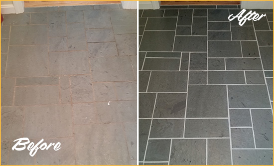 Before and After Picture of a Glenwillard Slate Floor Cleaned to Remove Deep-Seated Dirt