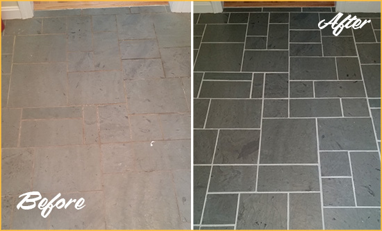 Before and After Picture of a Millvale Slate Floor Cleaned to Remove Deep-Seated Dirt