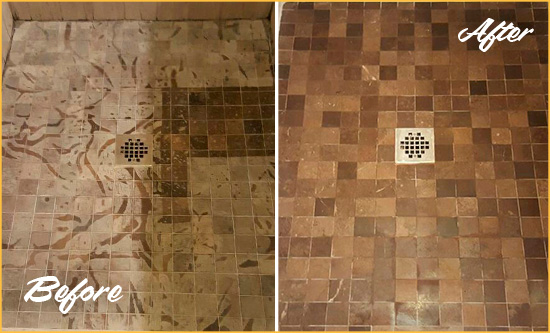 Before and After Picture of a Stained Wildwood Marble Shower Floor Cleaned to Remove Etching