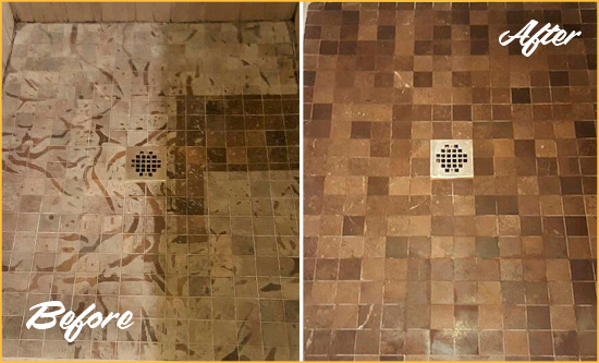 Before and After Picture of a Stained Shadyside Marble Shower Floor Cleaned to Remove Etching